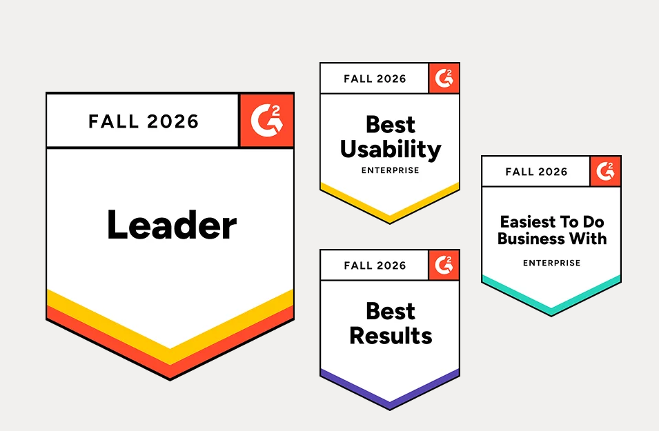 G2 Fall 2026 badges: Leader, Best Usability Enterprise, Best Results en Easiest To Do Business With Enterprise